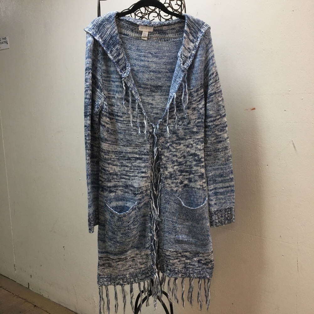 full tilt space dyed fringe hooded duster sweater coat sz.l